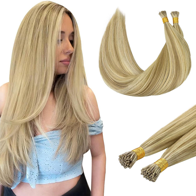 I Tip Hair Extensions Remy Human Hair #16/22 Light Blonde Mixed Golden Blond Highlights 1g/Strand Micro Tip 50G/Pack Invisible Straight Ombre Hair For Women Girls