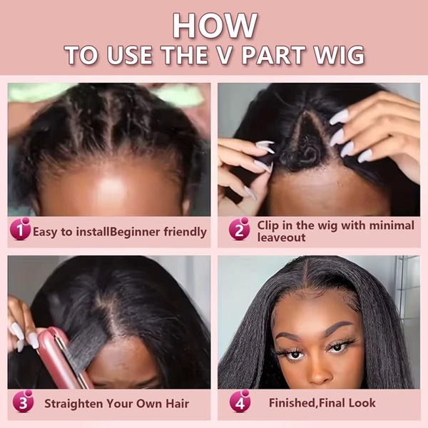 Glueless V Part U Part Wig 24" – 200% Density Kinky Straight Human Hair Half Wig with Drawstring, No Sew In No Leave Out