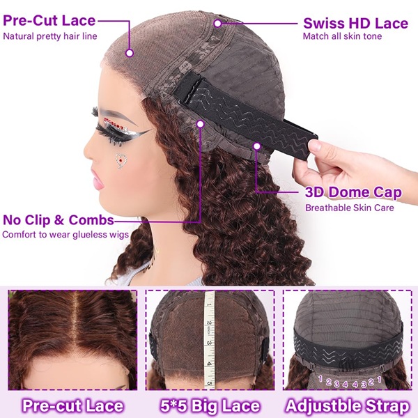 ISWEET Chocolate Brown 16 Inch Glueless Wear & Go Wig – 5x5 Lace Closure, Pre-Plucked & Pre-Cut Deep Wave Curly Bob Human Hair Wig for Black Women, 200% Density