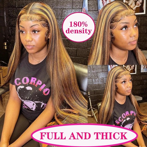 Isweet Ombre Lace Front Wig Human Hair Highlight 13x6 HD Straight Lace Front Wigs 180% Density 4/27 Colored Honey Blonde HD Lace Frontal Wigs For Women Glueless Pre Plucked with Baby Hair 30inch