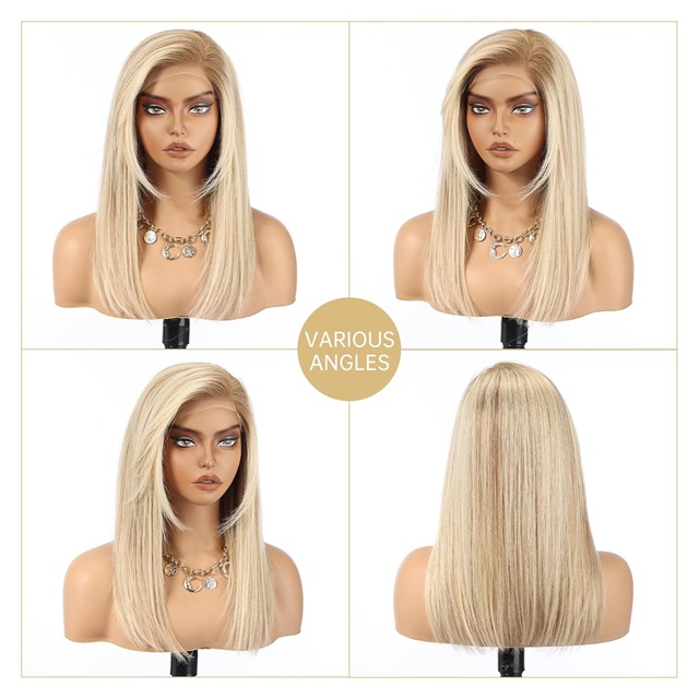 ISWEET 100% Human Hair Lace Front Wig for Women – 16 Inch Ombre Blonde Brown with Side Swept Bangs