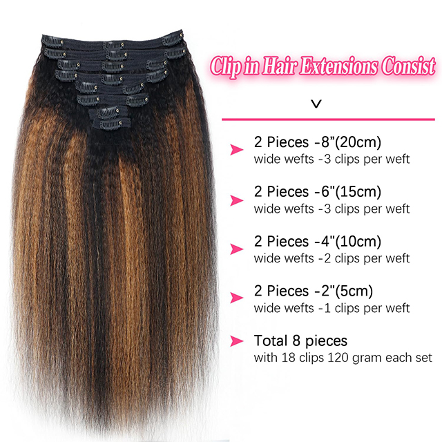 Kinky Straight Clip in Hair Extensions for Black Women - 8Pcs Brazilian Virgin Yaki Straight Human Hair 20" 120g Double Weft with 20 Clips Highlight Hair (T1BP1B/30)