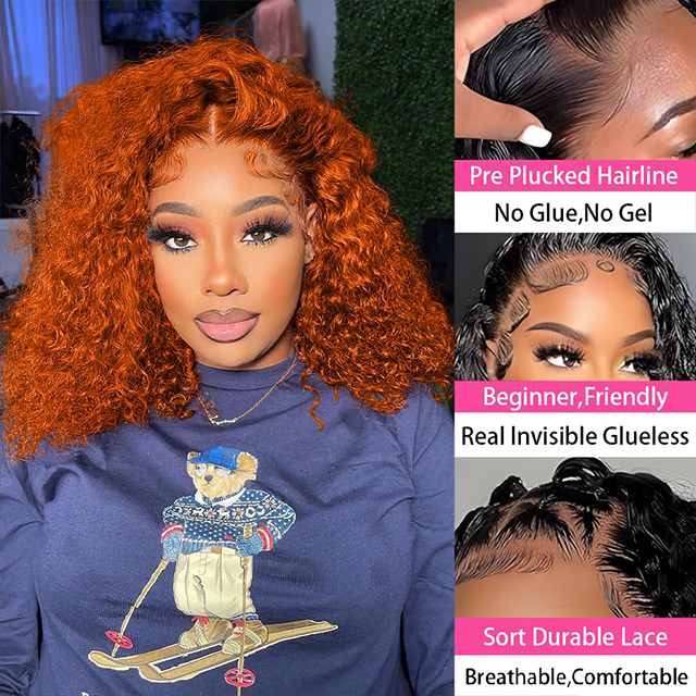 Wear and Go Glueless Wigs Human Hair Pre Plucked Pre Cut Bob 4x4 Curly Wave Lace Front Wigs Human Hair 12 Inch180% Density No Glue Wigs for Black Women Ginger Color
