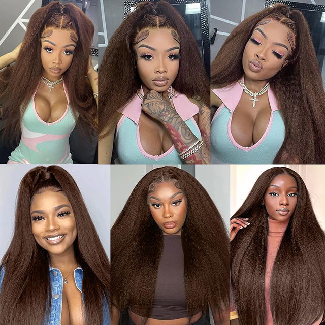 ISWEET Brown Kinky Straight Human Hair 3 Bundles 100% Unprocessed Brazilian Virgin Remy Hair Extensions Yaki Straight Weave (16, 18, 20 Inches)