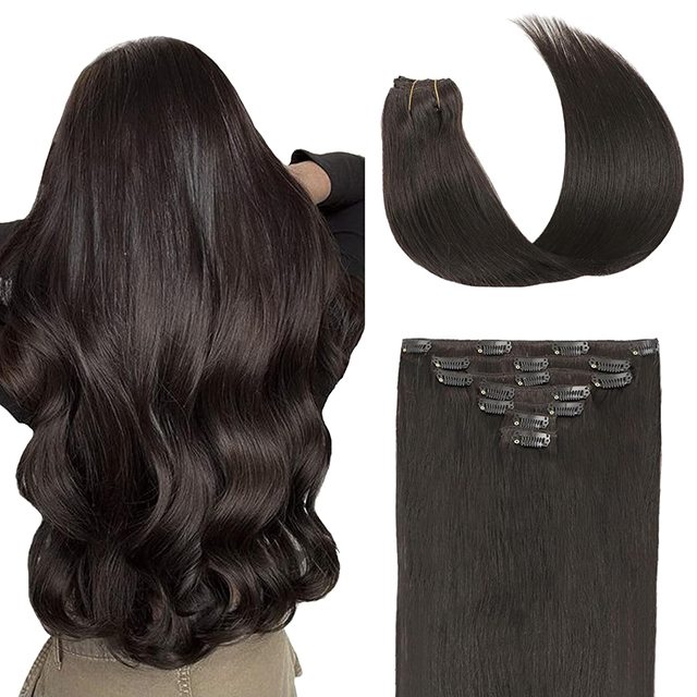 7Pcs Clip in Hair Extensions Real Human Hair Dark Brown Hair Double Weft Silky Straight Thick Real Hair Extensions For Women