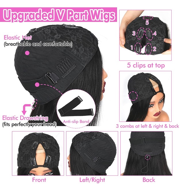 V Part Human Hair Straight Wig for Black Women: Upgraded U Part, No Leave Out/Sew/Glue, 18-Inch Clip-In Half Wig, 180% Density Natural Black