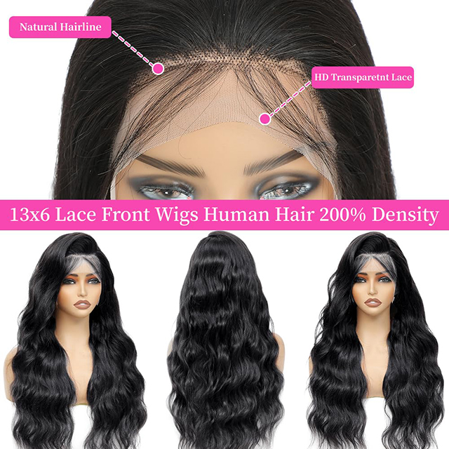 ISWEET 36 Inch Body Wave 13x6 HD Lace Front Wigs Brazilian Virgin Human Hair Wig With 200 Density Baby Hair Pre Plucked Tangle-Free Natural Black for Women