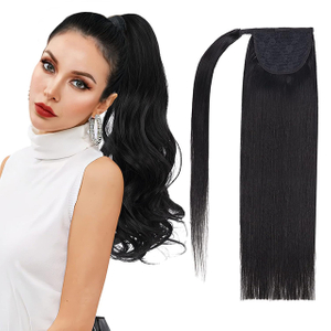 Ponytail Extension Human Hair Wrap Around Clip in Hair Piece Long Straight Magic Paste Pony Tails For Women Natural Black #1B