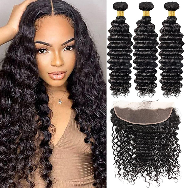 Deep Curly Wave Bundles with 13x4 Frontal Closure Ear to Ear 100% Unprocessed Wet and Wavy Brazilian Virgin Hair 3 Bundles with Lace Front Closure Natural Color For Black Women