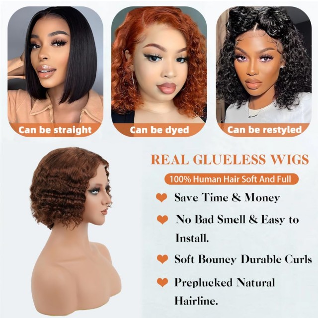 Wear & Go Glueless Short Curly Bob Wig Human Hair – 180% Density 8 Inch Light Brown, Pre-Plucked Pre-Cut Deep Wave Lace Front Wig for Women