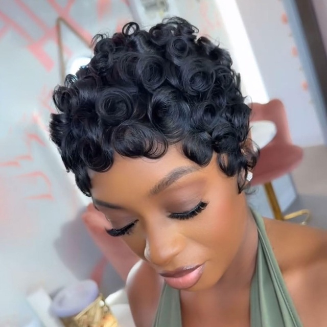ISWEET Glueless Brazilian Curly Pixie Cut Wig Human Hair – Short Layered Wig with Bangs, Natural Black, No Glue Wig for Black Women Daily Wear