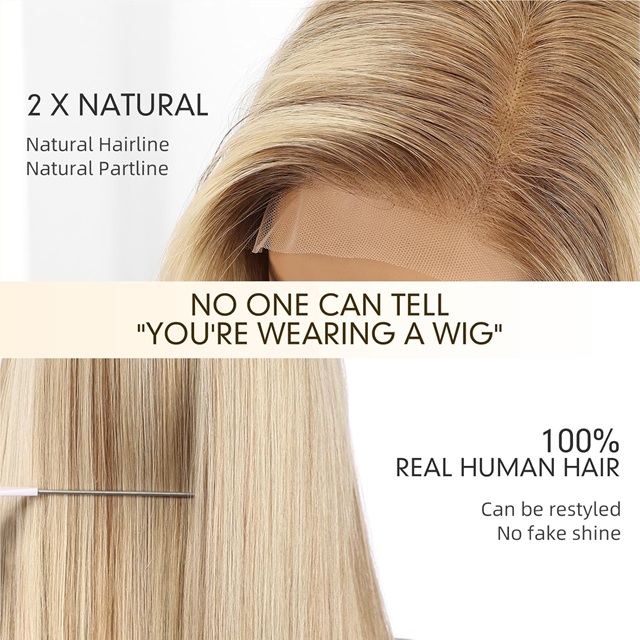 ISWEET 100% Human Hair Lace Front Wig for Women – 16 Inch Ombre Blonde Brown with Side Swept Bangs