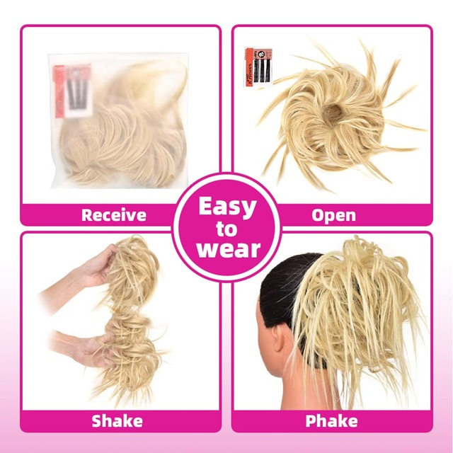 Tousled Messy Bun Hair Piece - Synthetic Wavy Ponytail Chignon Extension with Elastic Band, Natural Blonde Mix Bleach Blonde Updo Hairpiece for Women