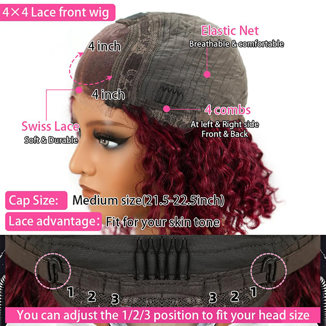 ISWEET 14 Inch Remy Human Hair Ponytail Wig 180% Density 4x4 Lace Burgundy Glueless Pre Plucked Pre Cut Bob Wig for Women and Girls