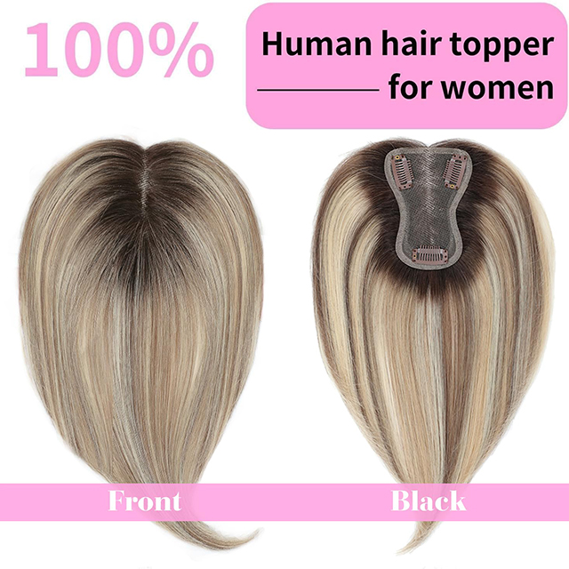 ISWEET Hair Topper for Thinning Hair - 10 Inch Human Hair with Swiss Lace Base Ombre Light Brown Blonde Highlights Undetectable Daily Wear Solution