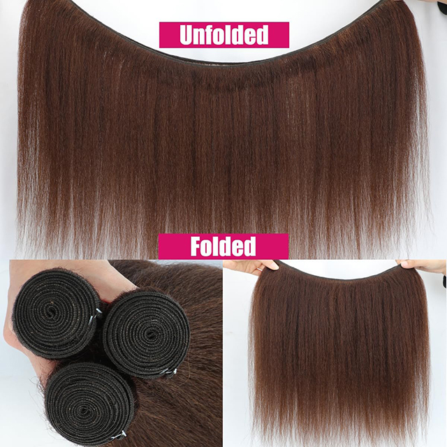 ISWEET Brown Kinky Straight Human Hair 3 Bundles 100% Unprocessed Brazilian Virgin Remy Hair Extensions Yaki Straight Weave (16, 18, 20 Inches)