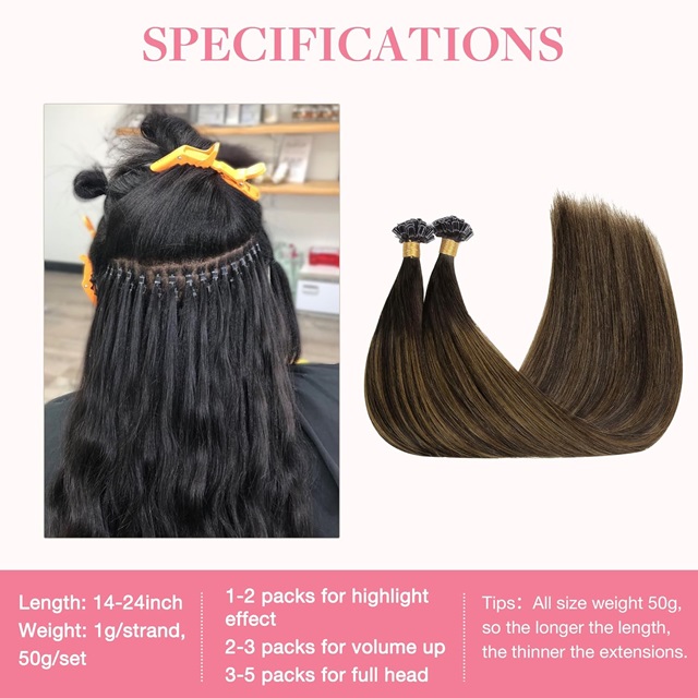 ISWEET 16-inch Remy Human Hair U Tip Extensions, 50g 50 Strands Hot Fusion Style, 2/6/2 Balayage (Dark Brown to Chestnut Brown), Invisible & Natural