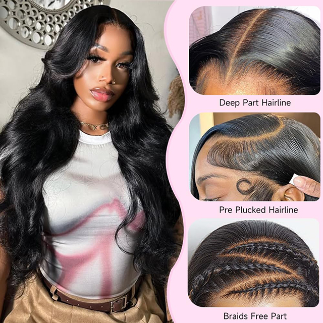 ISWEET 36 Inch Body Wave 13x6 HD Lace Front Wigs Brazilian Virgin Human Hair Wig With 200 Density Baby Hair Pre Plucked Tangle-Free Natural Black for Women