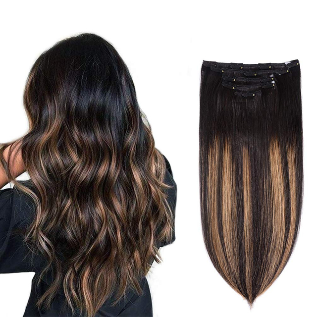 16-Inch Remy Human Hair Clip-In Extensions – 5 Pieces 80g, Natural Black To Chestnut Brown Ombre (1BT6/P1B), Silky Straight Short Thick Hair Extensions for Women