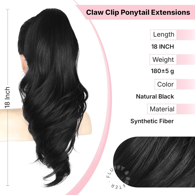 18 Inch Long Wavy Black Ponytail Extension – Claw Clip Ponytail Hairpiece for Women, Clip‑In Pony Tail Hair Extensions for Daily Wear