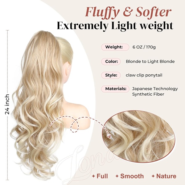 ISWEET 24 Inch Curly Wavy Claw Clip Ponytail Hair Extension for Women – Ombre Blonde To Light Blonde Clip-on Hairpiece