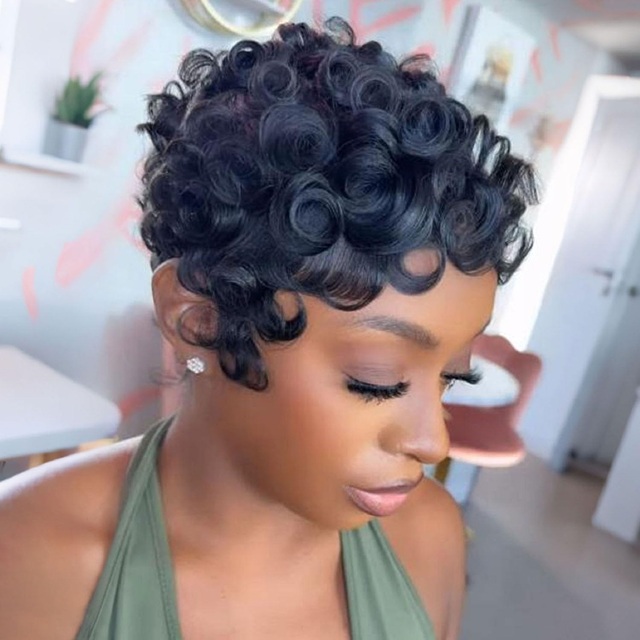 ISWEET Glueless Brazilian Curly Pixie Cut Wig Human Hair – Short Layered Wig with Bangs, Natural Black, No Glue Wig for Black Women Daily Wear