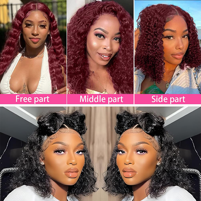 ISWEET 14 Inch Remy Human Hair Ponytail Wig 180% Density 4x4 Lace Burgundy Glueless Pre Plucked Pre Cut Bob Wig for Women and Girls