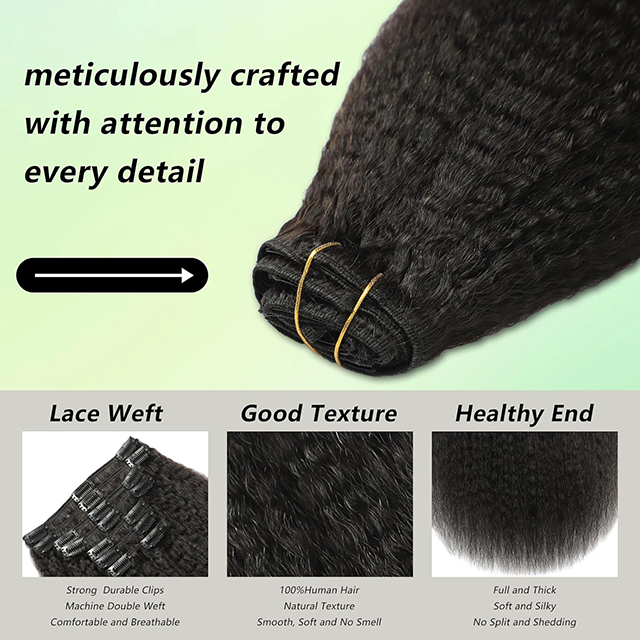 Kinky Straight Clip in Hair Extensions for Black Women - 8Pcs Brazilian Virgin Yaki Straight Human Hair 20" 120g Double Weft with 20 Clips Natural Black Hair Extensions