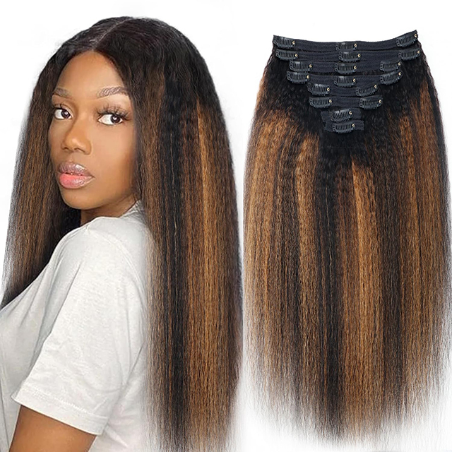 Kinky Straight Clip in Hair Extensions for Black Women - 8Pcs Brazilian Virgin Yaki Straight Human Hair 20" 120g Double Weft with 20 Clips Highlight Hair (T1BP1B/30)