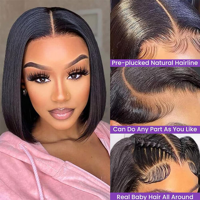 Short Straight Bob Wig for Women - 14 Inch Human Hair 13x6 HD Lace Front Wig 180% Density Pre Plucked Glueless Bob Wigs"