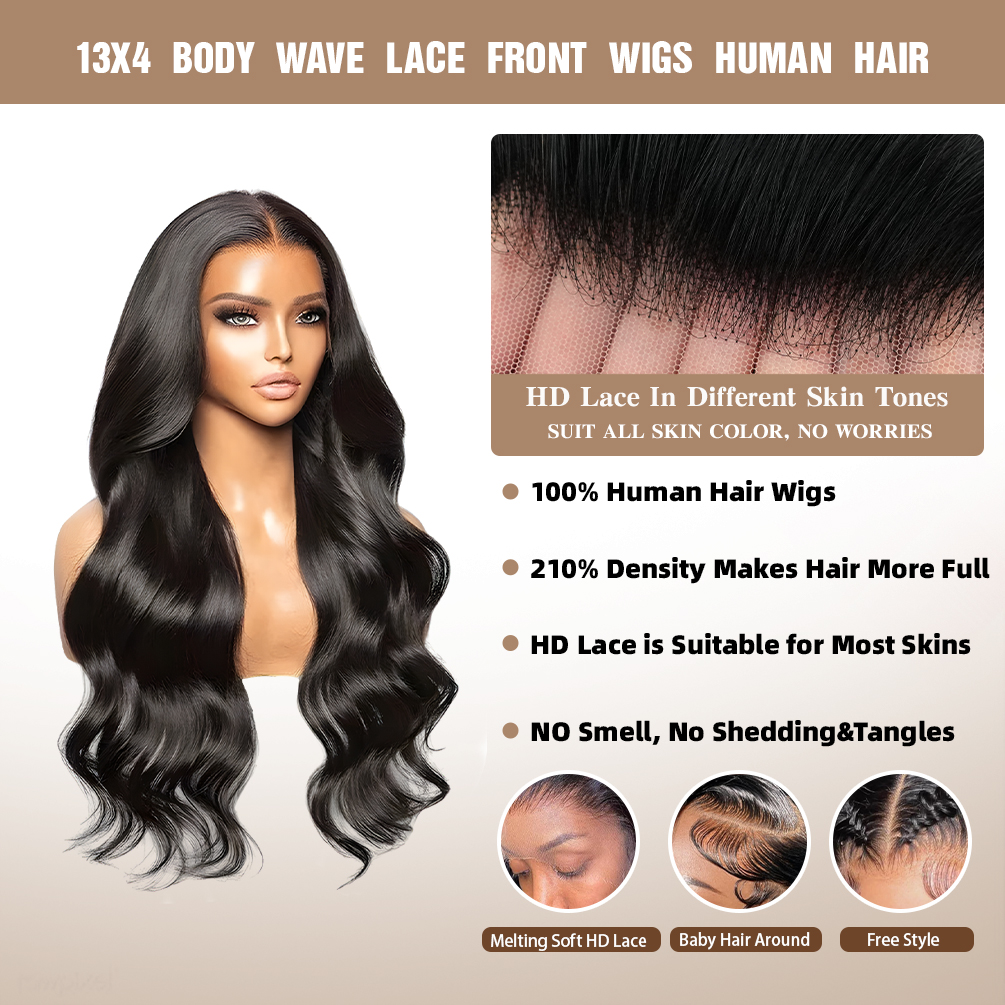13x4 Glueless Wigs Human Hair Pre Plucked Pre Cut with Baby Hair, 210% Density 12A Brazilian Body Wave Lace Front Wigs 26" Human Hair, Natural Hairline HD Transparent Wear and Go Wigs for Black Women
