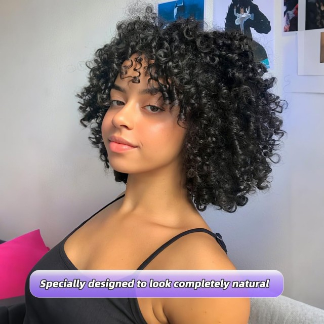 ISWEET African American Afro Kinky Curly Wig with Bangs – 1B Natural Black, Realistic Daily Wear Wig for Black Women