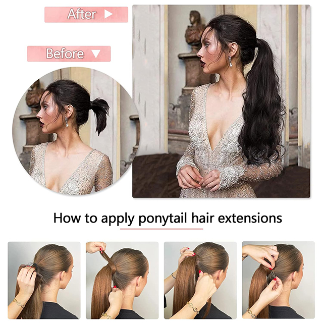 Ponytail Extension Human Hair Wrap Around Clip in Hair Piece Long Straight Magic Paste Pony Tails For Women Natural Black #1B