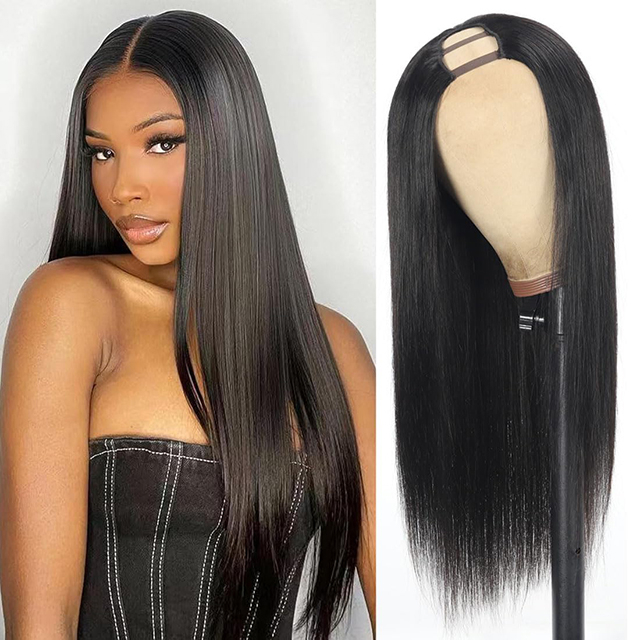 Straight U Part Wigs 100% Brazilian Virgin Human Hair Middle Part 180% Density Glueless Natural Color for Black Women