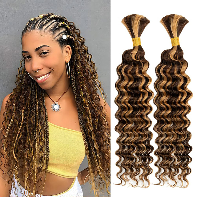 2 Bundles Human Braiding Hair for Boho Braids Deep Wave Wet And Wavy Balayage Chocolate Brown to Caramel Blonde P4/27 For Black Women