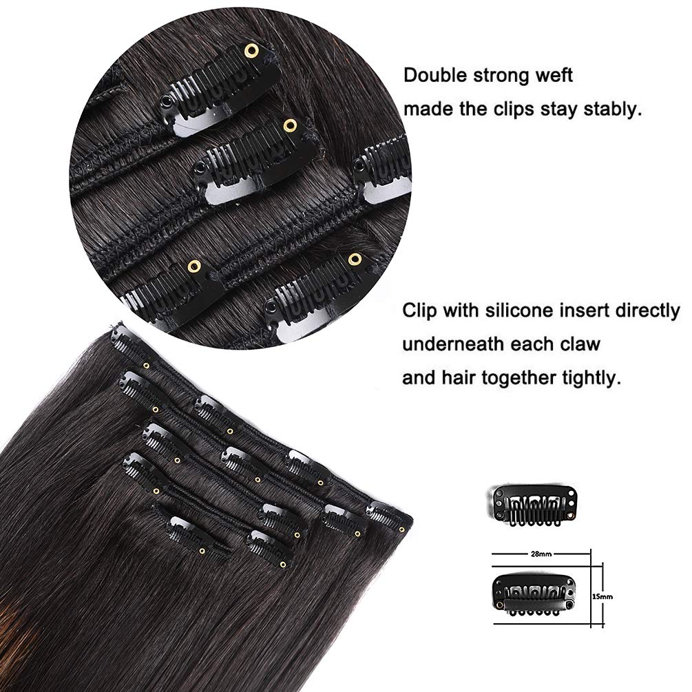 16-Inch Remy Human Hair Clip-In Extensions – 5 Pieces 80g, Natural Black To Chestnut Brown Ombre (1BT6/P1B), Silky Straight Short Thick Hair Extensions for Women