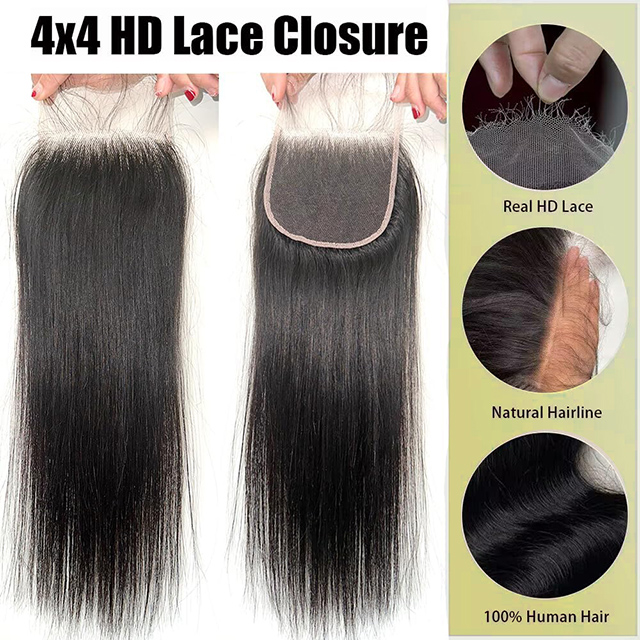 4x4 HD Lace Closure 100% Unprocessed 12A Brazilian Virgin Human Hair 150% Density Pre-Plucked Swiss Lace Natural Color Hair