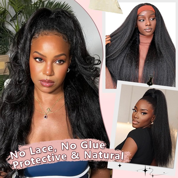 Glueless V Part U Part Wig 24" – 200% Density Kinky Straight Human Hair Half Wig with Drawstring, No Sew In No Leave Out