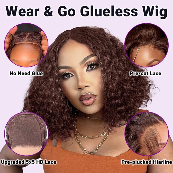 ISWEET Chocolate Brown 16 Inch Glueless Wear & Go Wig – 5x5 Lace Closure, Pre-Plucked & Pre-Cut Deep Wave Curly Bob Human Hair Wig for Black Women, 200% Density
