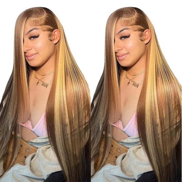 Isweet Ombre Lace Front Wig Human Hair Highlight 13x6 HD Straight Lace Front Wigs 180% Density 4/27 Colored Honey Blonde HD Lace Frontal Wigs For Women Glueless Pre Plucked with Baby Hair 30inch