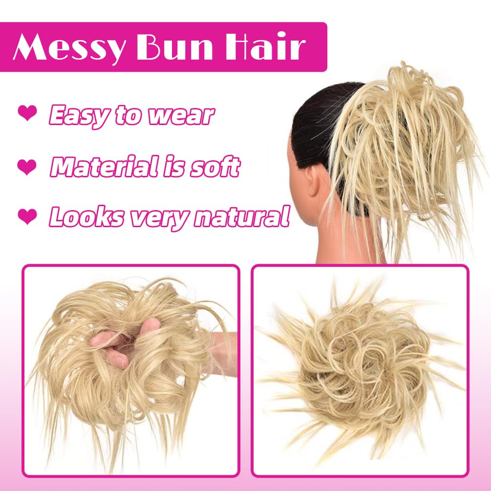 Tousled Messy Bun Hair Piece - Synthetic Wavy Ponytail Chignon Extension with Elastic Band, Natural Blonde Mix Bleach Blonde Updo Hairpiece for Women