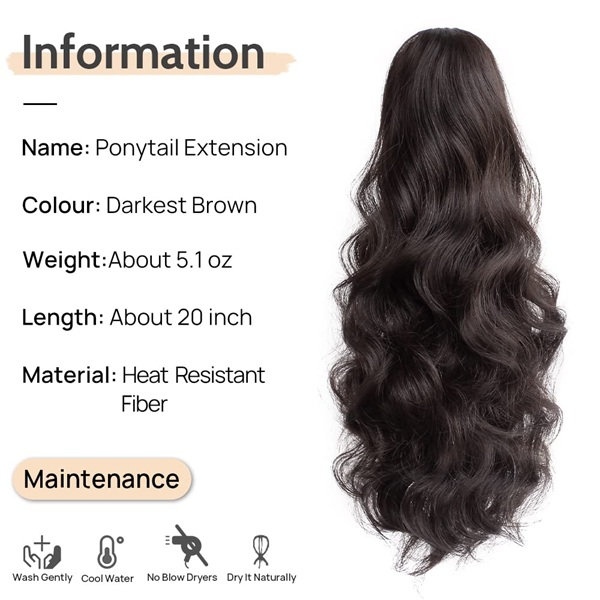 Fluffy Wavy Claw Clip Ponytail | 20 Inch Darkest Brown Synthetic Hair Extension, Comfortable Clip-on Hairpiece for Women, Ideal for All Occasions