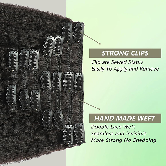 Kinky Straight Clip in Hair Extensions for Black Women - 8Pcs Brazilian Virgin Yaki Straight Human Hair 20" 120g Double Weft with 20 Clips Natural Black Hair Extensions