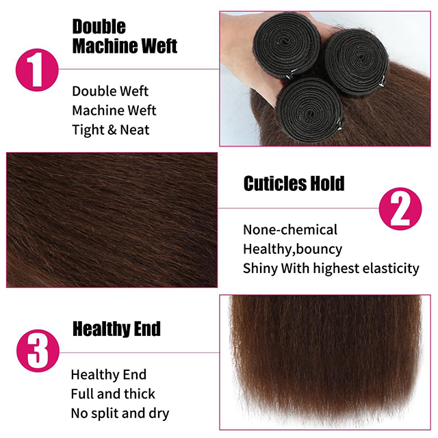 ISWEET Brown Kinky Straight Human Hair 3 Bundles 100% Unprocessed Brazilian Virgin Remy Hair Extensions Yaki Straight Weave (16, 18, 20 Inches)