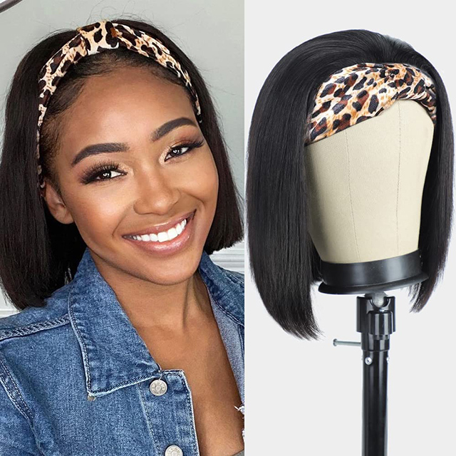 Short Bob Headband Wig For Black Women Brazilian Virgin Human Hair Straight Wigs Easy to Wear Natural Black Color