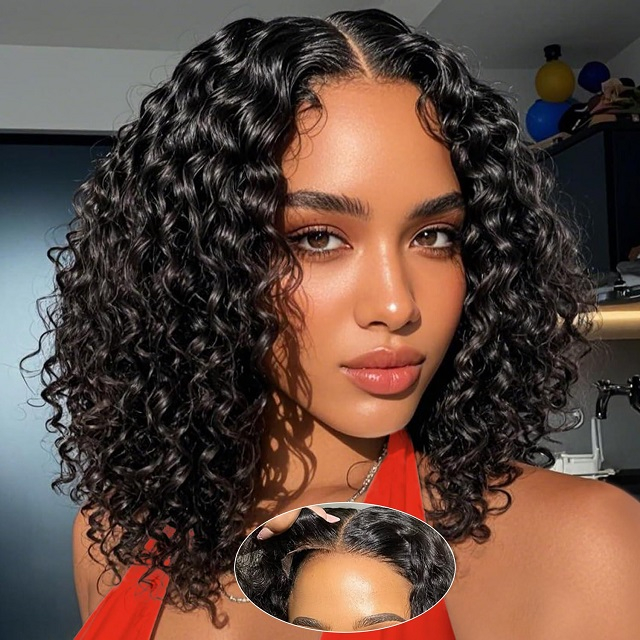 ISWEET Curly Bob Wig for Black Women – 100% Human Hair, 5x5 Wear And Go Glueless Lace Front Closure (Pre Plucked/Pre Cut), 200 Density Deep Wave, 12 Inch