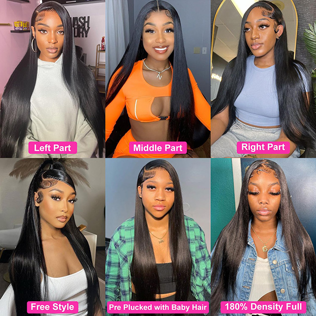 13x6 Lace Front Wigs Human Hair 180% Density Straight HD Transparent Lace Front Pre Plucked With Baby Hair Natural Black Color for Women