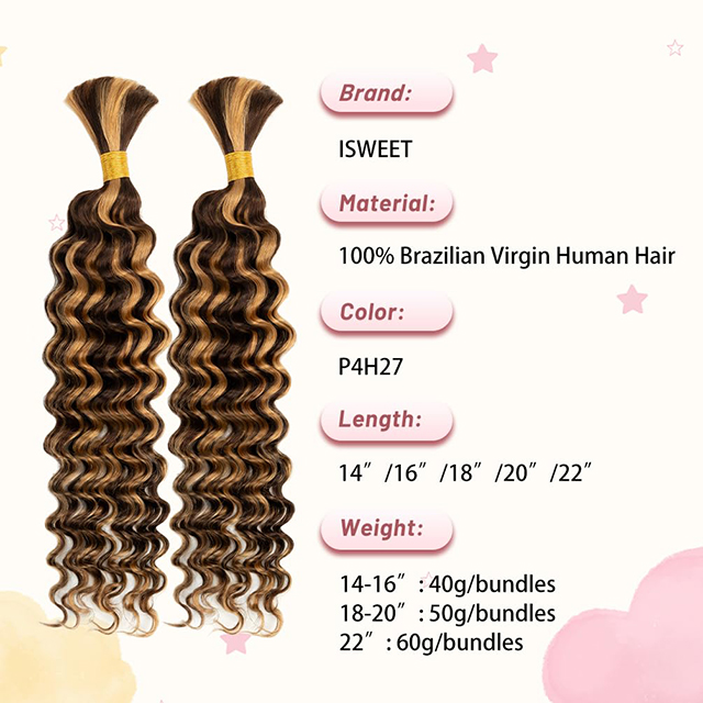 2 Bundles Human Braiding Hair for Boho Braids Deep Wave Wet And Wavy Balayage Chocolate Brown to Caramel Blonde P4/27 For Black Women