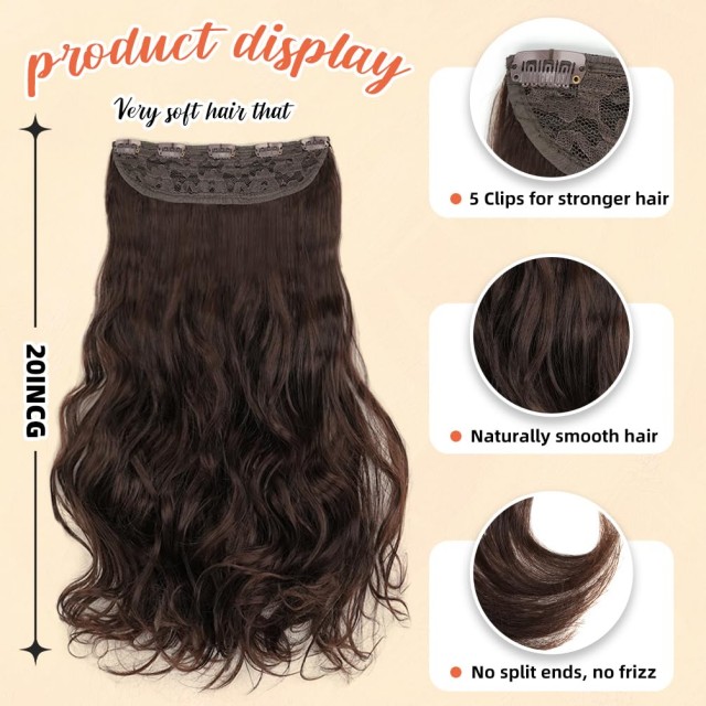 Dark Brown #2 Wavy Clip-In Hair Extensions – 20 Inch 1 Pack 5 Clips, 3/4 Full Head Invisible Hairpiece