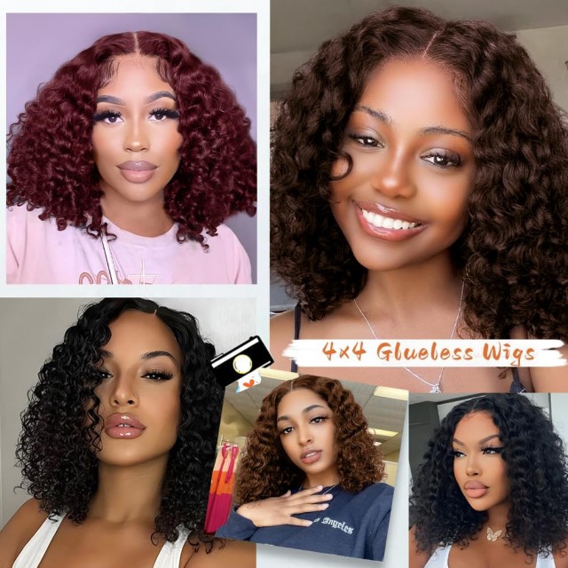 Wear & Go Glueless Short Curly Bob Wig Human Hair – 180% Density 8 Inch Light Brown, Pre-Plucked Pre-Cut Deep Wave Lace Front Wig for Women